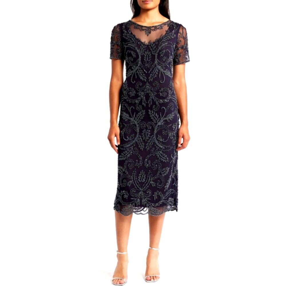 Pisarro Nights Women's Eggplant Embellished Illusion Neck Cocktail Dress Size 12
